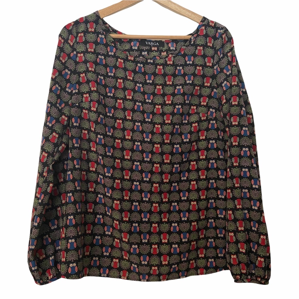 Varga Owl Print Long Sleeve Cross Fabric Back Size L